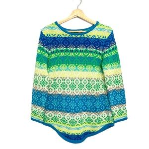 Fair Isle J. JILL Nordic Blue Green Cozy Sweater 3/4 Sleeves Knit Small